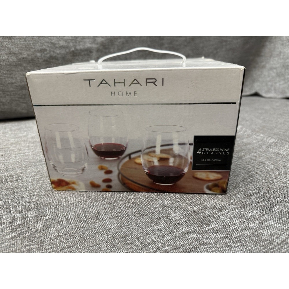 New Tahari Stemless Glass Wine Glasses Four Pack New I'm Box